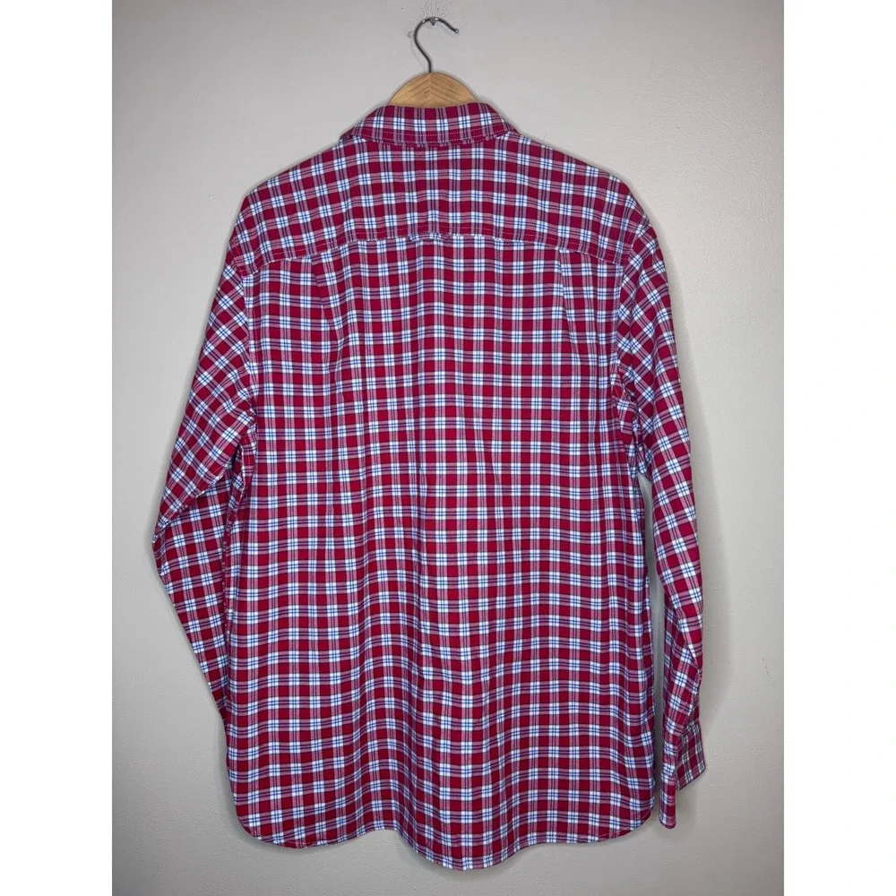 LL Bean Plaid Button Front Shirt Mens Medium Red Blue Cotton